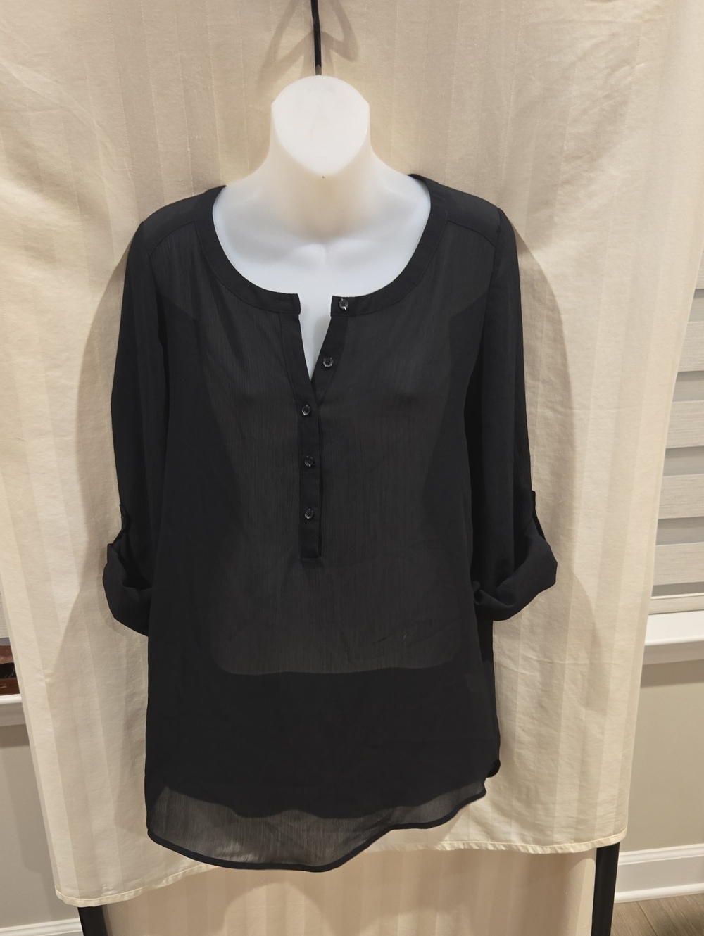 Candie's Black Button-Front Semi-Sheer Henley Tunic